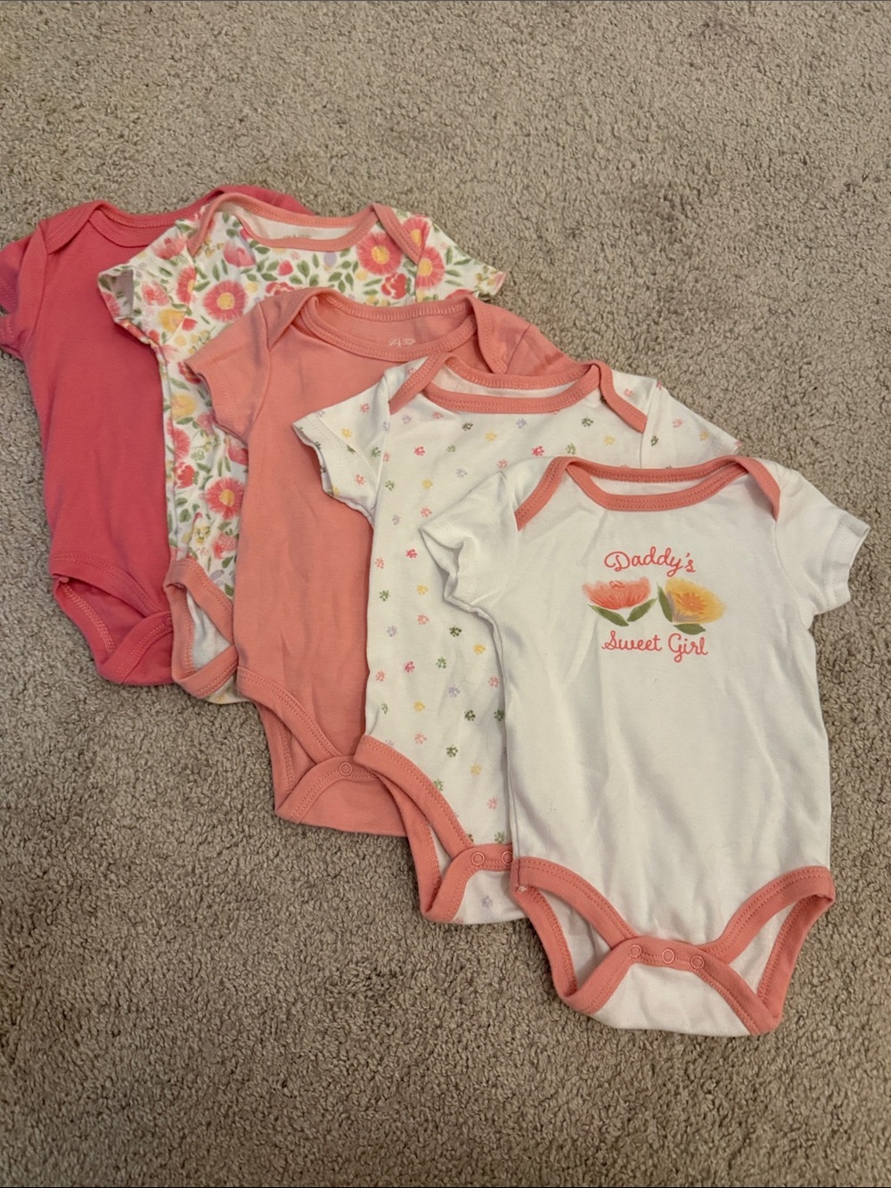 Baby Girls 5-Pack Coral & White Short-Sleeve One-Pieces